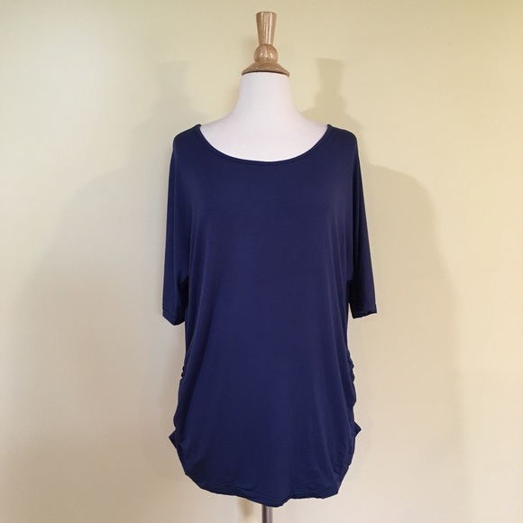 Open Cutout T Back Ruched Sides Drapey Top Navy - Picture 6 of 7
